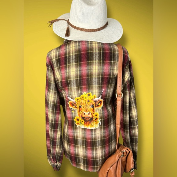 Southern Lady Upcycled Plaid Shirt with Highland Cow and Sunflower Design - Picture 1 of 7
